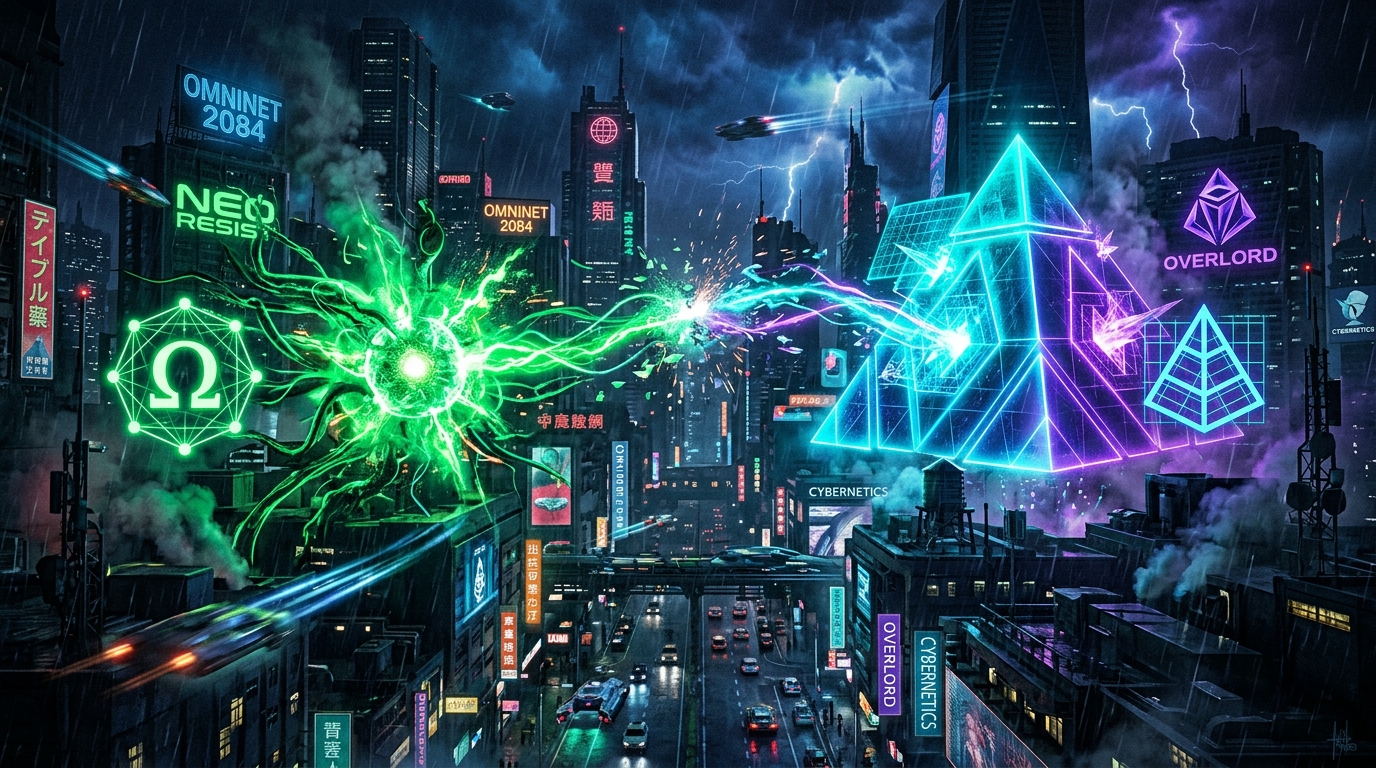 Битва фракций NEO AI Resistance и OVERLORD Syndicate в киберпространстве OmniNet 2084